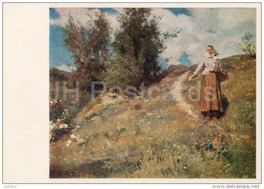 painting by Janis Rozentals - Song of shepherdess , 1898 - woman - Latvian art - Russia USSR - 1985 - unused - JH Postcards