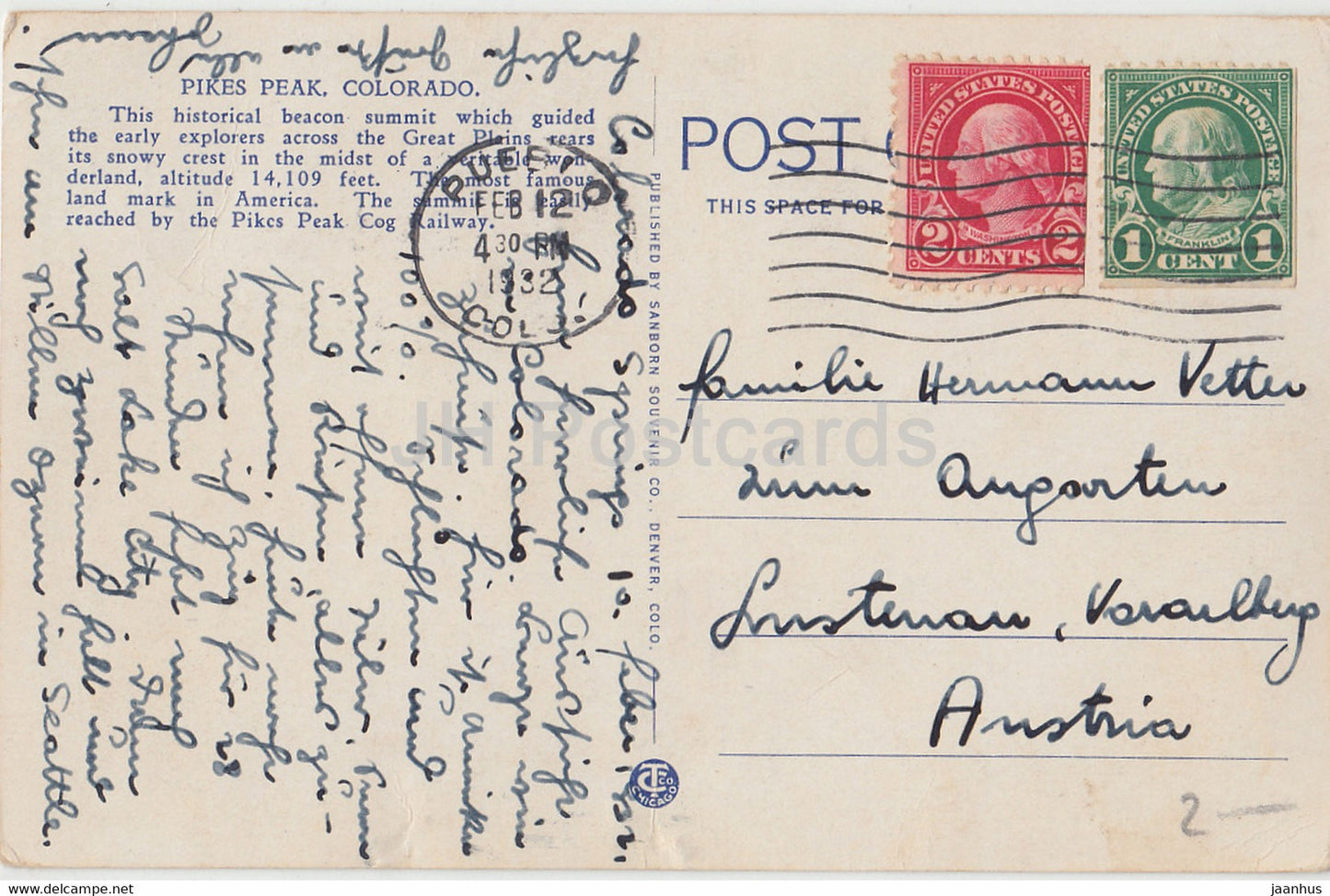 Colorado Springs - Above Timberline on Pikes Peak - 32227 - old postcard - 1932 - United States USA - used