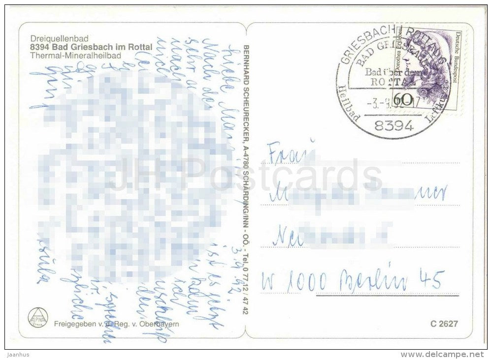Thermalbad Bad Griesbach im Rottai - Dreiquellenbad - Mineralheilbad - thermal baths - 2627 - Germany - 1992 gelaufen - JH Postcards
