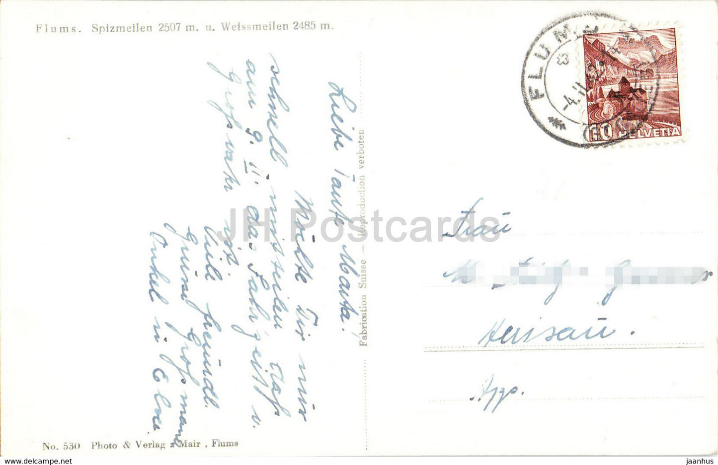 Flums - Spizmeilen 2507 mu Weissmeilen 2485 m - 1942 - carte postale ancienne - Suisse - d'occasion