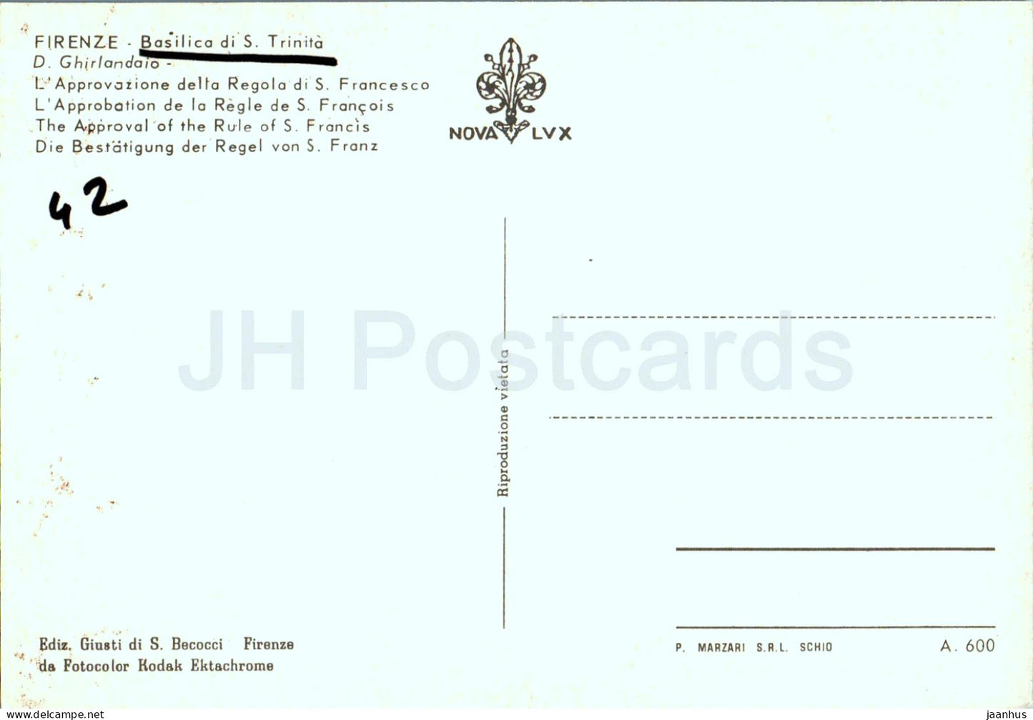 Firenze - Florence - Basilica di S Trinita - D Ghirlandaio - The Approval - painting - 600 - Italy - used