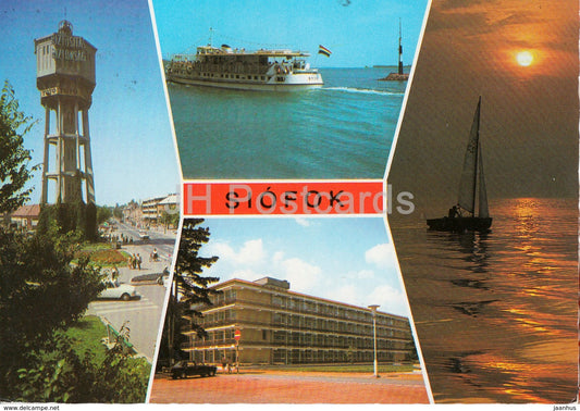Siofok - passenger boat - lighthouse - sailing boat - hotel - multiview - Hungary - used - JH Postcards