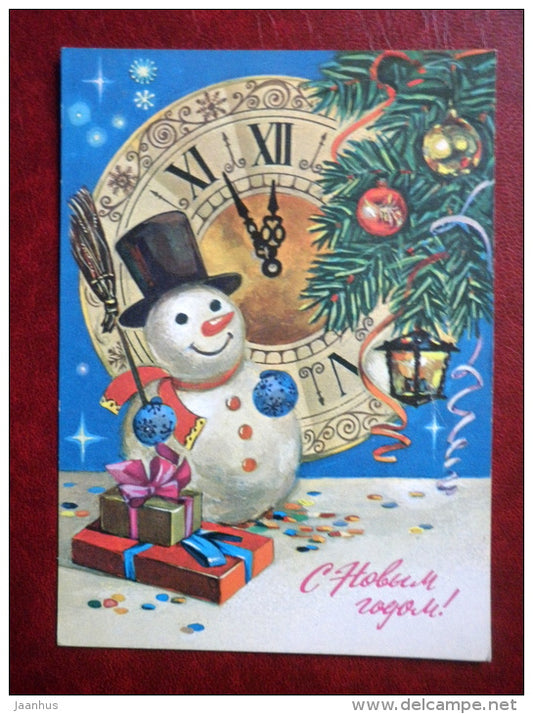 New Year Greeting card - by L. Kuliyeva - snowman - clock - gifts - decorations - 1982 - Russia USSR - used - JH Postcards