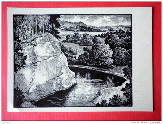 engraving by Arturs Duburs - The Zvartas Rock . The amata - latvian art - unused - JH Postcards
