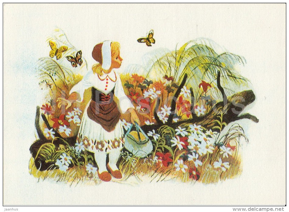 illustration - butterflies - girl - Don´t Cry Mushroom by D. Mrazkova - fairy tale  - 1979 - Russia USSR - unused - JH Postcards