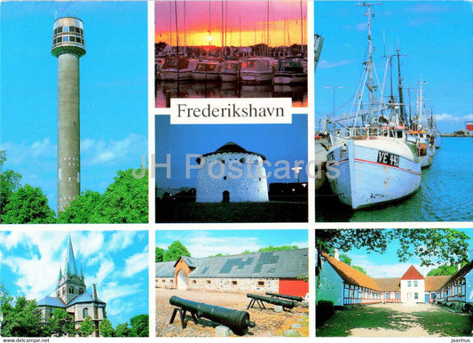 Frederikshavn - boat - lighthouse - church - multiview - 1995 - Denmark - used - JH Postcards