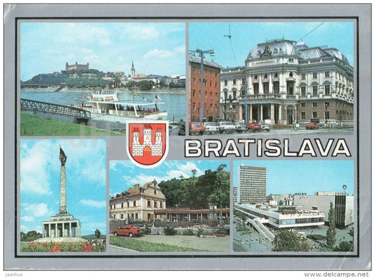 Bratislava - Slavin monument - restaurant Rybarsky cech - hotel - National Theatre Czechoslovakia - Slovakia - used 1990 - JH Postcards