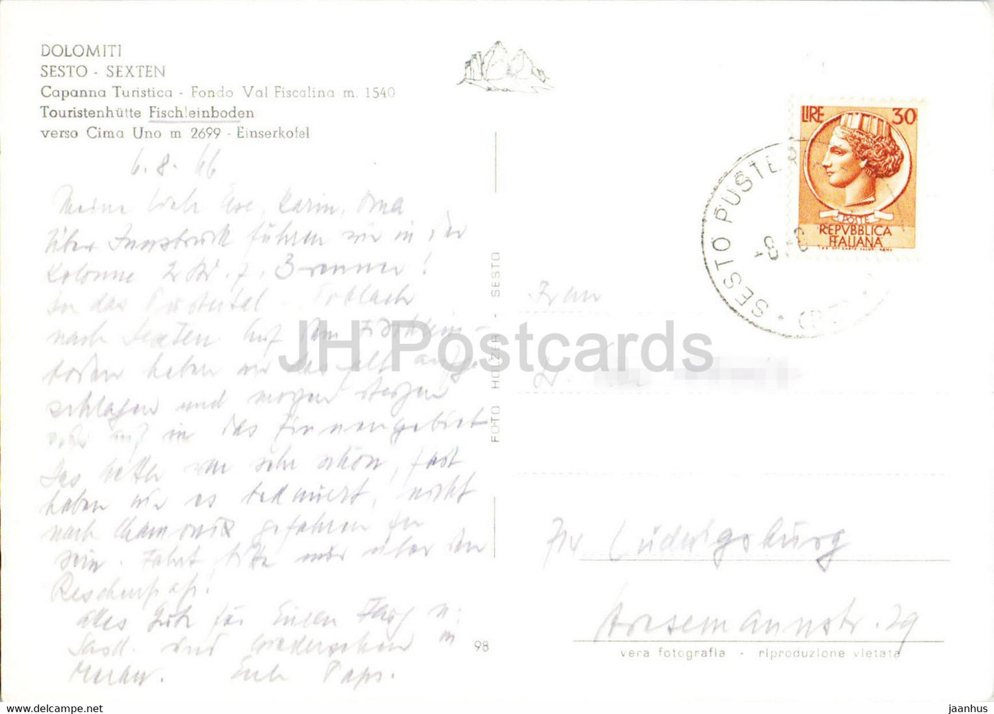 Dolomiti - Sesto - Sexten - Capanna Turistica - Val Fiscalina - Fischleinboden - Cima Uno - 1966 - Italy - used