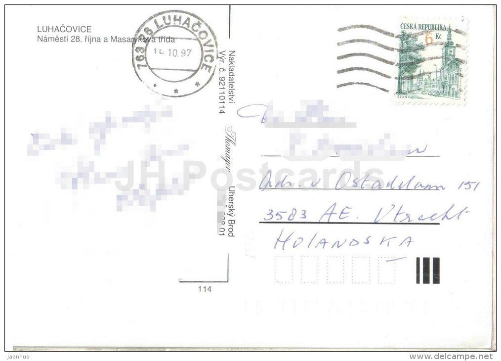 Luhacovice - 28. October square - Masaryk Street - Czech Republic - used 1997 - JH Postcards