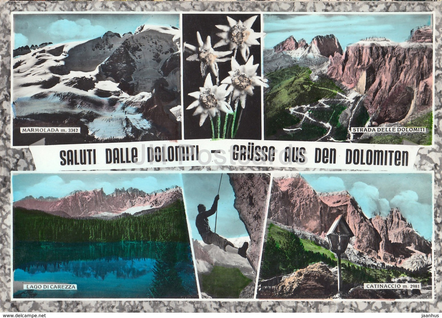 Saluti dalle Dolomiti - Grusse aus den Dolomiten - Marmolada - Lago di Carezza - climber - Italy - 1961 - used - JH Postcards