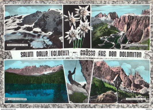 Saluti dalle Dolomiti - Grusse aus den Dolomiten - Marmolada - Lago di Carezza - climber - Italy - 1961 - used - JH Postcards