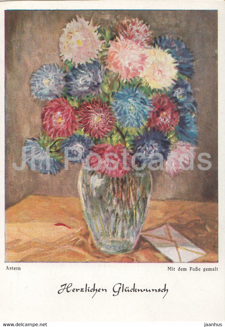 painting by Erich Macho - Astern - asters - flowers  - Austrian art  - Germany - unused - JH Postcards