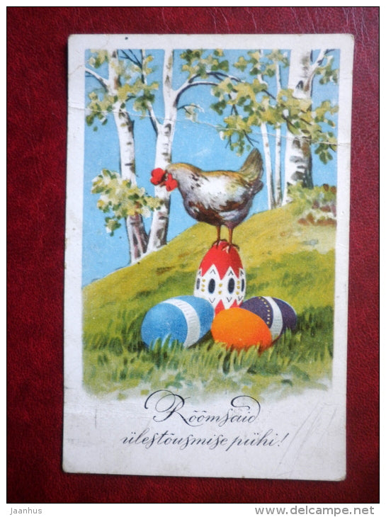 Easter Greeting Card - eggs - cock - birch trees - circulated in Estonia 1935 - Estonia - used - JH Postcards