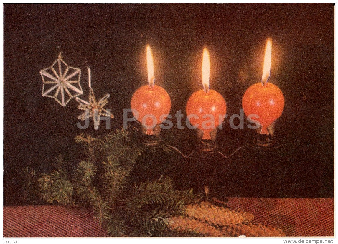 New Year Greeting card - 2 - cones - decorations - candles - 1971 - Estonia USSR - used - JH Postcards