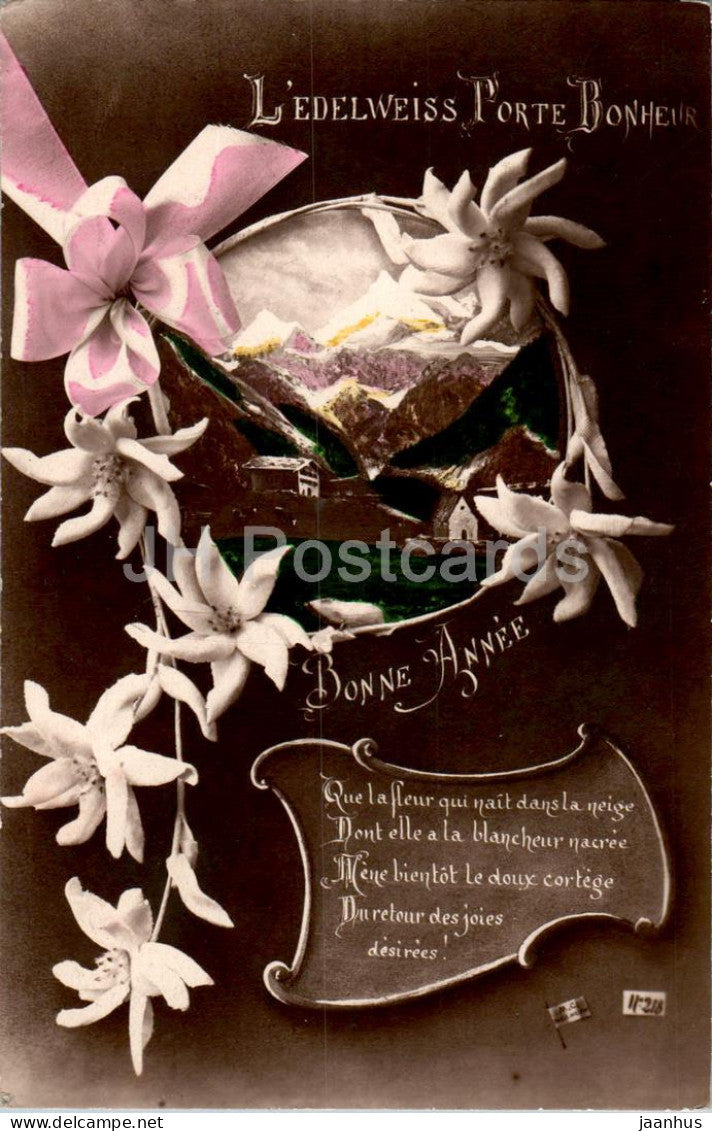 New Year Greeting Card - Bonne Annee - L'Edelweiss Porte Bonheur - old postcard - 1920 - France - used - JH Postcards