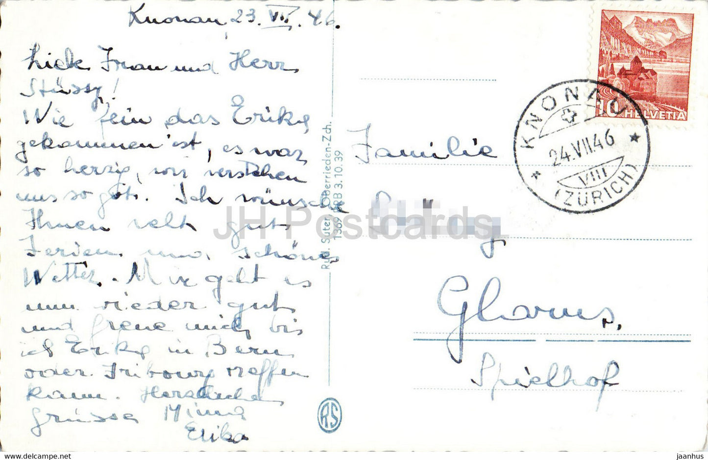 Knonau Schloss - château - 1541 - carte postale ancienne - 1946 - Suisse - utilisé