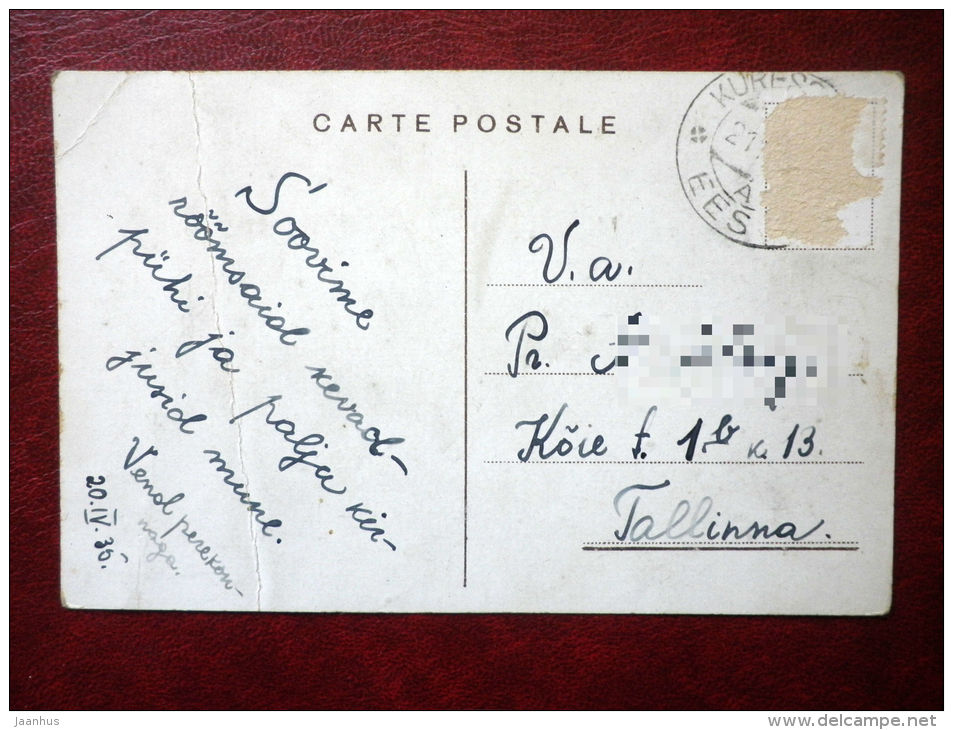 Easter Greeting Card - eggs - cock - birch trees - circulated in Estonia 1935 - Estonia - used - JH Postcards