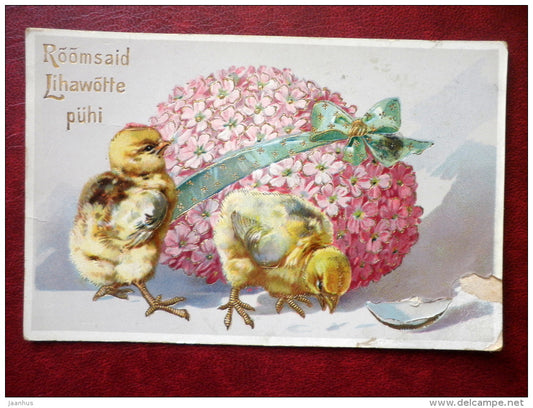 Easter Greeting Card - chiken - flowers - golden colour - 4963/64 - circulated in 1930 - Estonia - used - JH Postcards