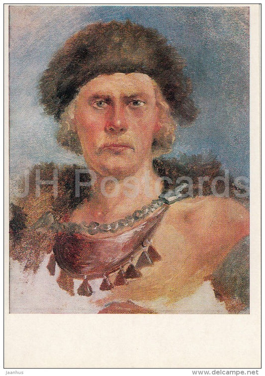 painting by Artur Baumanis - Young Livonian warrior , 1889 - man - Latvian art - Russia USSR - 1985 - unused - JH Postcards