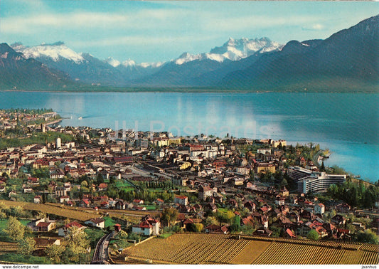 Vevey - La Tour de Peilz et Dents du Midi - Peilz Tower and Dents du Midi - panorama - 2463 - Switzerland - unused - JH Postcards