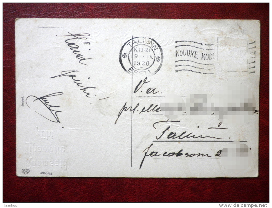 Easter Greeting Card - chiken - flowers - golden colour - 4963/64 - circulated in 1930 - Estonia - used - JH Postcards