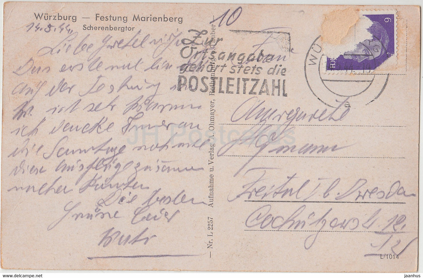 Wurzburg - Festung Marienberg - Scherenbergtor - 2257 - old postcard - 1944 - Germany - used