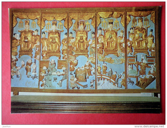 Lacquaerd Wood engraving depicting the Gods of the Underworld - Carved Work - Vietnamese Art - unused - JH Postcards