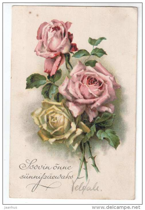 Birthday Greeting Card - flowers - roses - old postcard - circulated in Estonia 1927 - used - JH Postcards