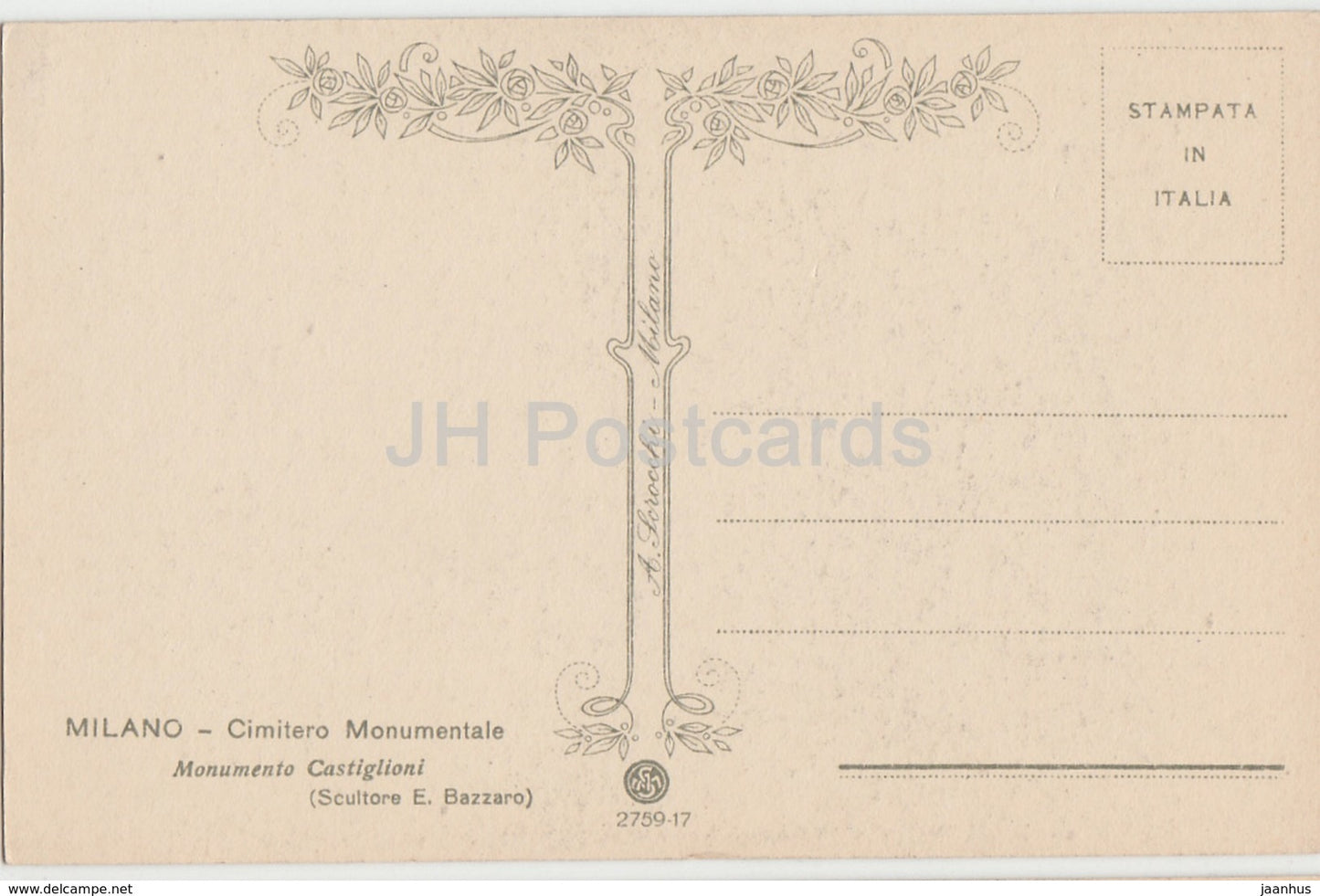 Mailand - Mailand - Cimitero Monumentale - Monumento Castiglioni - Friedhof - alte Postkarte - Italien - unbenutzt