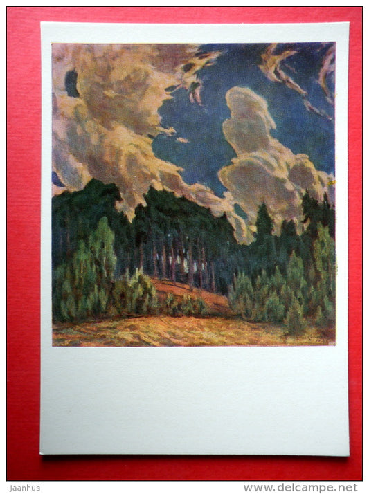 painting by Petras Kalpokas - Forest and Clouds . 1926 - sailing boat - lithuanian art - unused - JH Postcards