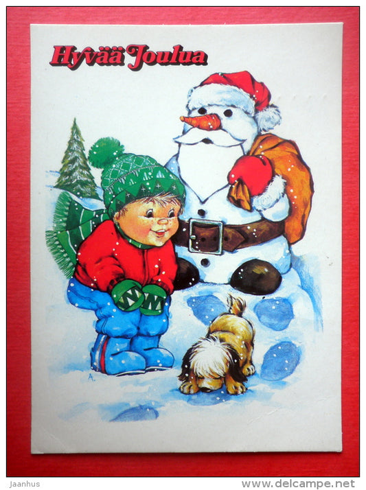 Christmas Greeting Card - children - snowman - dog - Santa Claus - 87 - Finland - circulated in Finland - JH Postcards