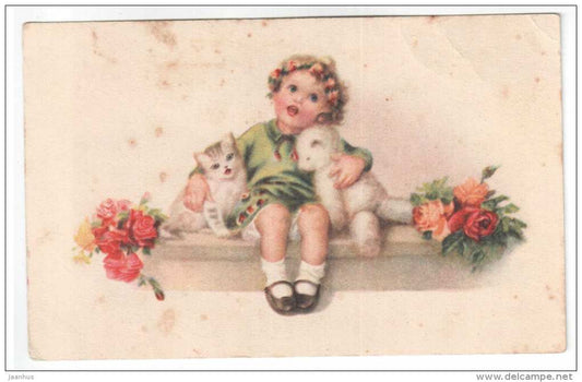 birthday greeting card - girl with cat and bear doll - roses - old postcard - circulated in Estonia 1936 - used - JH Postcards