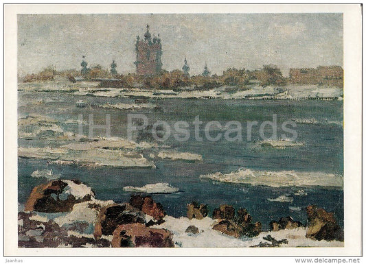 painting by E. Vostokov - Ice Drfit on Neva river , 1973 - Russian art - Russia USSR - 1977 - unused - JH Postcards