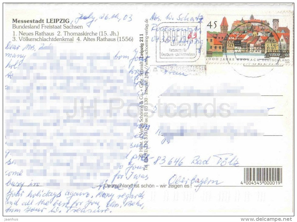 Messestadt Leipzig - Rathaus - Thomaskirche - town hall - church - Germany - 2003 gelaufen - JH Postcards