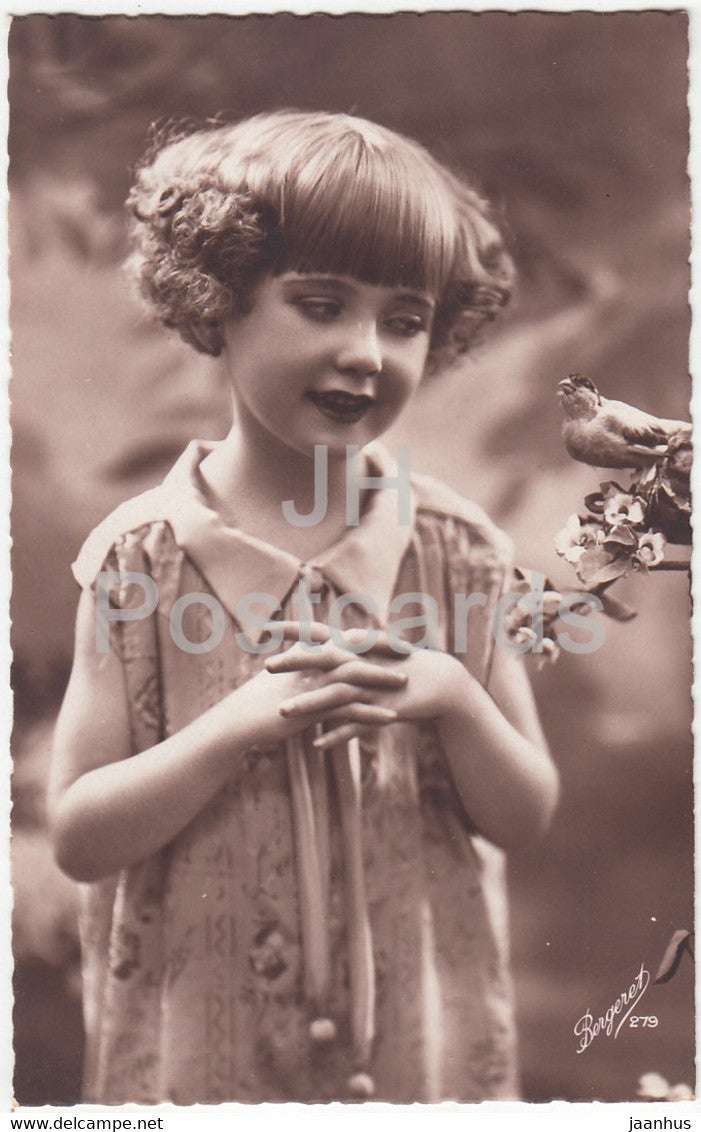 girl - children - birds - Bargeret 279 - old postcard - France - used - JH Postcards