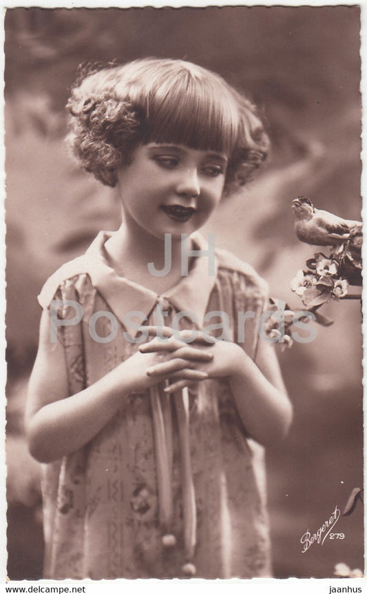 girl - children - birds - Bargeret 279 - old postcard - France - used - JH Postcards