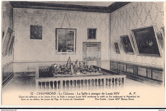 Chambord - La Chateau - La Salle a manger de Louis XIV - 22 - old postcard - France - unused - JH Postcards