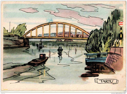 illustration by A. Kütt - Tartu - view  at Emajõgi river - bridge - boat - 1968 - Estonia USSR - used - JH Postcards