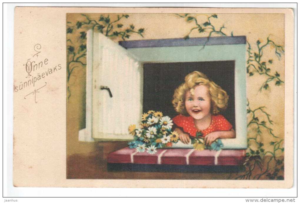 birthday greeting card - girl - window - flowers - old postcard - circulated in Estonia 1940 , Keava - used - JH Postcards