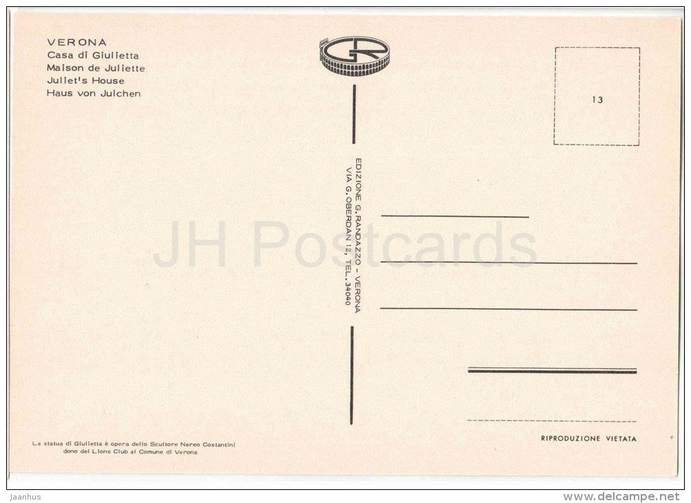 Casa di Giulietta - Juliet`s House - Verona - Veneto - 13 - Italia - Italy - unused - JH Postcards