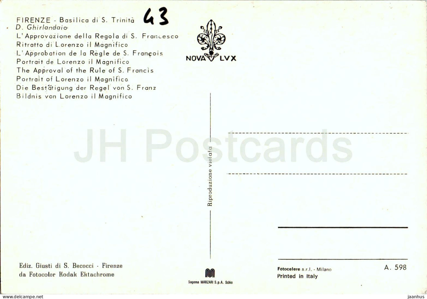 Firenze - Florence - Basilica di S Trinita - D Ghirlandaio - Lorenzo il Magnifico - painting - 598 - Italy - used