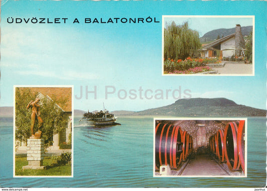 Greetings from the lake Balaton - passenger boat - wine cellar - 1971 - Hungary - used - JH Postcards