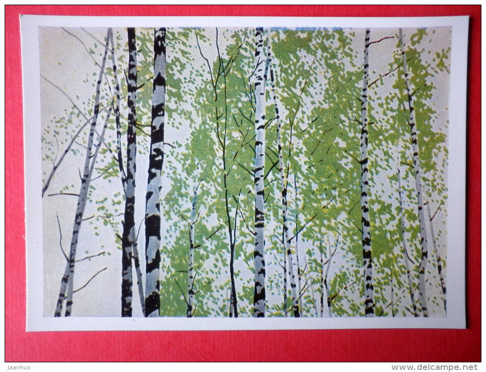 painting by Myud Mechev - Spring Trees , 1963 - birch trees - russian art - unused - JH Postcards