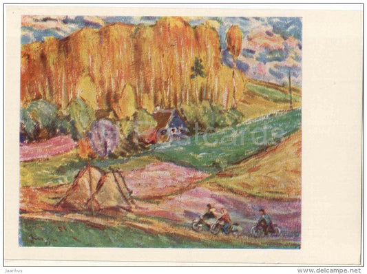 painting by S. Jusionis - Autumn , 1961 - bicycle - haystack - lithuanian art - unused - JH Postcards