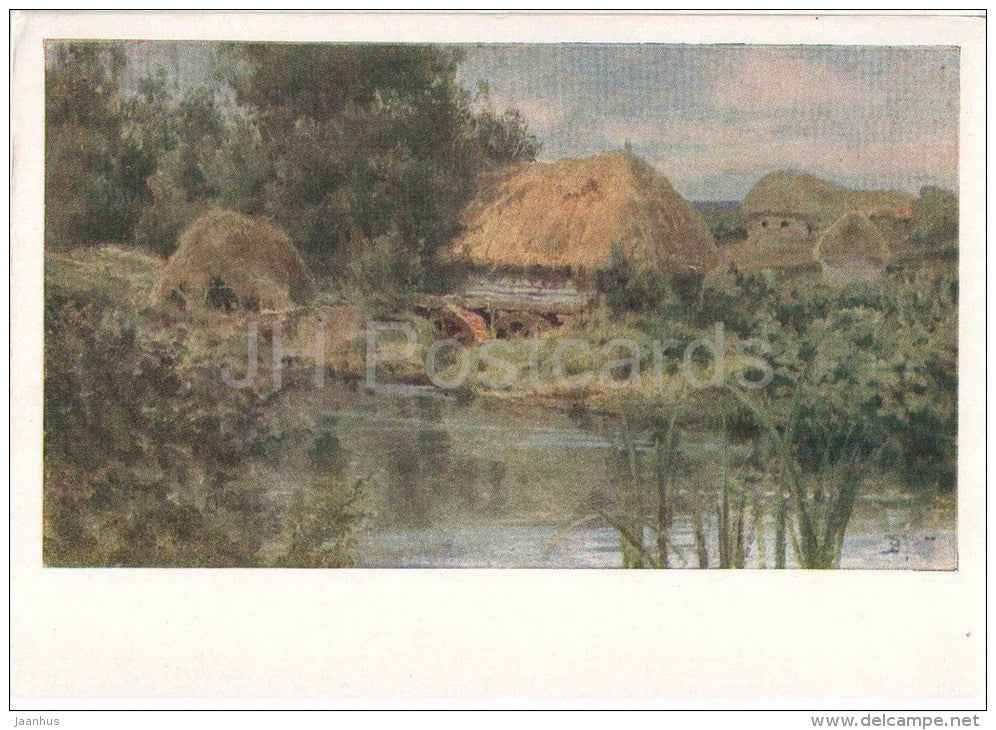 painting by V. Polenov - Sunny Day . Watermill . Olshanka - village - russian art  - unused - JH Postcards