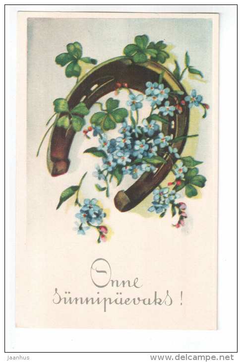 birthday greeting card - horseshoe - flowers - old postcard - unused - JH Postcards