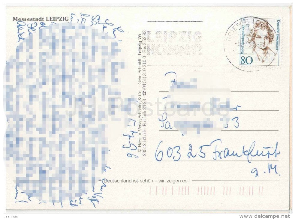 Grüsse aus dem schönen Leipzig - Klingers Haus - Völkerschlachtdenkmal - Goethedenkmal - Germany - 1996 gelaufen - JH Postcards