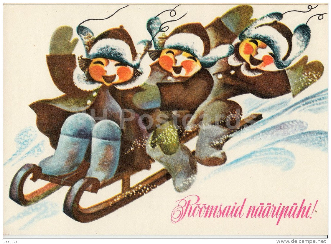New Year Greeting Card by I. Raudsepp - 1 - children - sledge - 1977 - Estonia USSR - used - JH Postcards