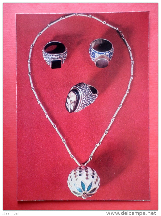 Spherical pendant , Rings , silver , by M. Kutateladze - Georgian Chasing - 1974 - USSR Georgia - unused - JH Postcards