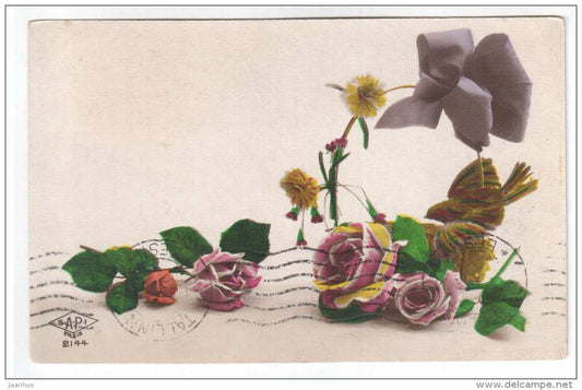 birthday greeting card - flowers - roses - SAPI Paris 2144 - old postcard - circulated in Estonia 1927 , Loksa - used - JH Postcards